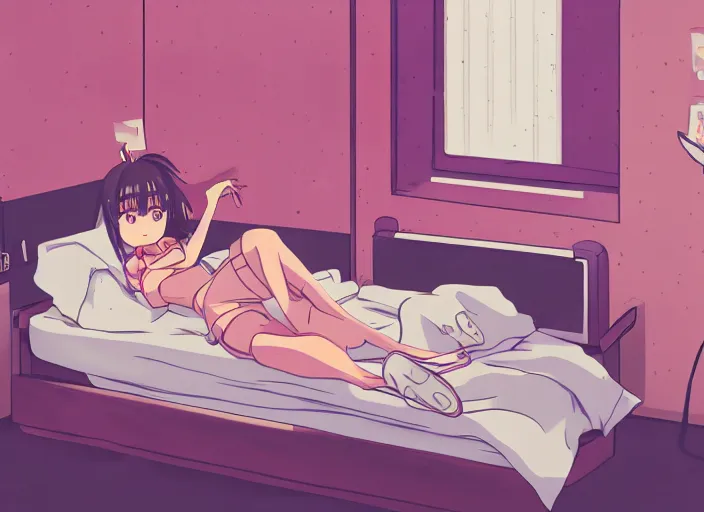 Image similar to girl laying on bed, boring, anime, 1 9 9 0 s, retro style, aesthetic, chill, room