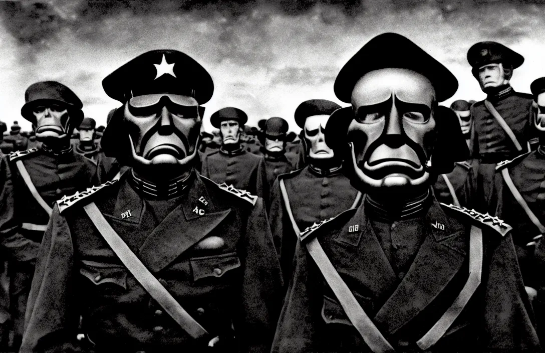 Image similar to general harangues the troops intact flawless ambrotype from 4 k criterion collection remastered cinematography gory horror film, ominous lighting, evil theme wow photo realistic postprocessing vision from alex gray psychological science fiction stars lingering above photograph by robert adams jan van der heyden