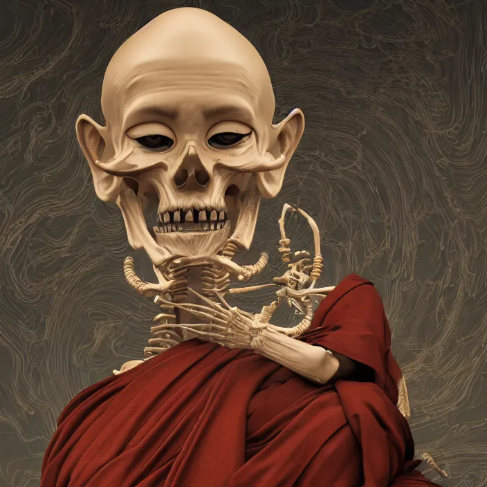 Prompt: portrait of Buddhist Monk as skeleton. intricate abstract. intricate artwork. by Tooth Wu, wlop, beeple, dan mumford. octane render, trending on artstation, greg rutkowski very coherent symmetrical artwork. cinematic, hyper realism, high detail, octane render, 8k, iridescent accents