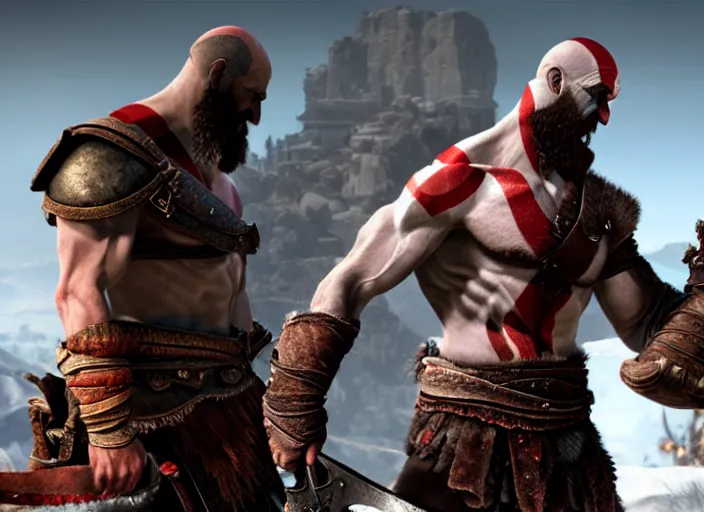 Image similar to in game screenshot of kratos victoriously holding up a!!! computer mouse!!! in the new god of war video game, 4 k