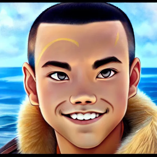 Image similar to beautiful serene intricate photograph of sokka from the water tribe as an inuit young man with light blue eyes, smiling softly, relaxing on the beach, golden hour, soft focus, 8 k, art by irakli nadar, hyperrealism, hyperdetailed, ultra realistic