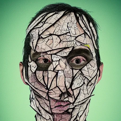 Image similar to face shredded like paper as skin peeling, dark, surreal, illustration, by ally burke