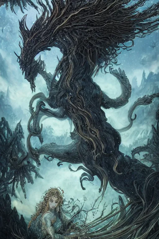 Prompt: rebecca guay ’ s painting of an ephemeral colossal mythical beast in an enchanted dreamlike otherworldly biome, in the style of demon slayer mugen train, mystical, wicca, fantasy, hyper realism, intricate, digital art, detailed, studio shot, unreal engine 5, octane, high definition, smooth, artstation, behance