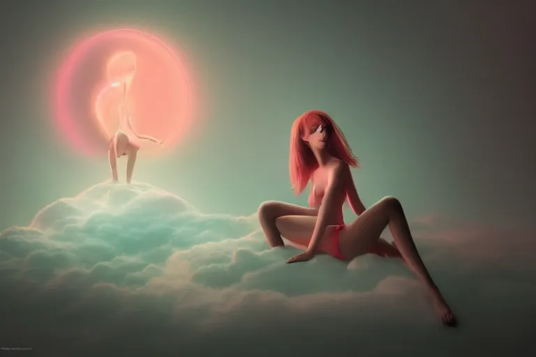 Prompt: a cute alien girl sitting on a cloud relaxing, misty, glows, digital art, hazy, foggy, red lighting, ambient lighting, 8 k,