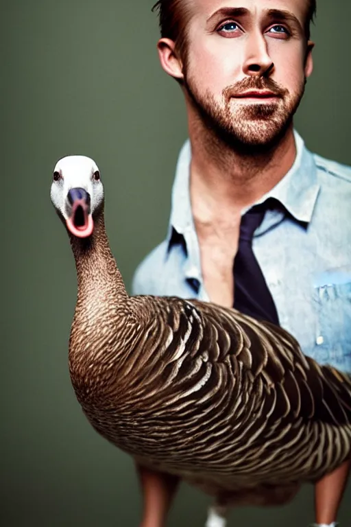 Image similar to ryan gosling fused with a goose, construction, natural light, bloom, detailed face, magazine, press, photo, steve mccurry, david lazar, canon, nikon, focus