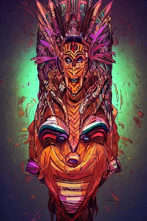 Image similar to viktor orban totem animal tribal chaman vodoo mask feather gemstone plant wood rock video game illustration vivid color borderlands by josan gonzales and dan mumford radiating a glowing aura