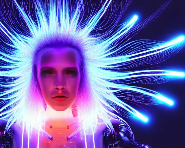 Image similar to glowing hair, complex cybernetic beings, beautiful hairy humanoids, cybermagnetosphere, cybernetic civilizations, ornate hair, love, joy, vortexes, large arrays, data holograms, 8 k, cinematic light shadows, wet hdr refractions, *, * * *, * * * * *