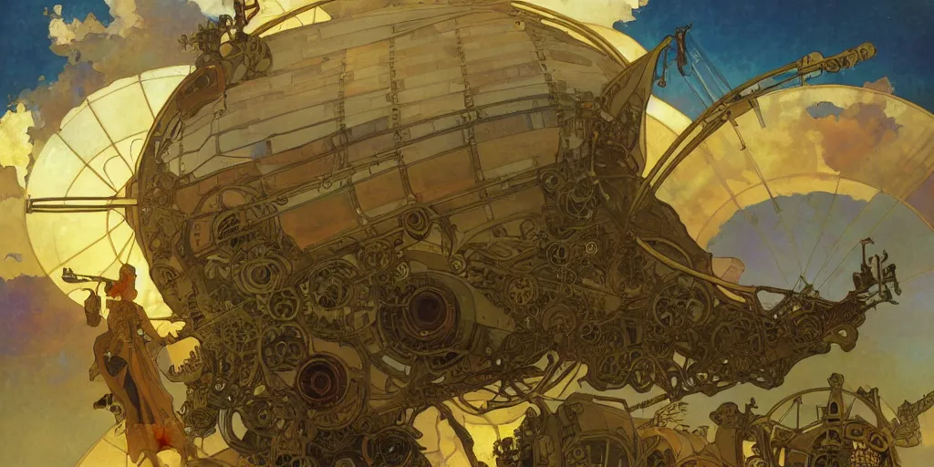 Prompt: a steampunk airship emerges over the horizon of an alien planet, artwork by alphonse mucha, dramatic lighting, long shadows, brushstrokes, paper texture.