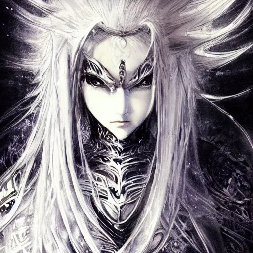 Image similar to Yoshitaka Amano blurred and dreamy illustration of an anime girl with black eyes, wavy white hair and cracks on her face wearing elden ring armour with the cape fluttering in the wind, abstract black and white patterns on the background, noisy film grain effect, highly detailed, Renaissance oil painting, weird portrait angle