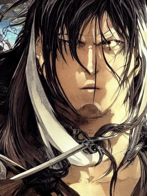 Image similar to close up picture of a saint sword man being tired at war. looking at the camera, cynical, bored, beautiful and aesthetic, intricate, unreal engine, messy hair, highly detailed, detailed face, smooth, sharp focus, chiaroscuro, manga illustration, artgerm, greg rutkowski, alphonse mucha, young adult light novel cover art