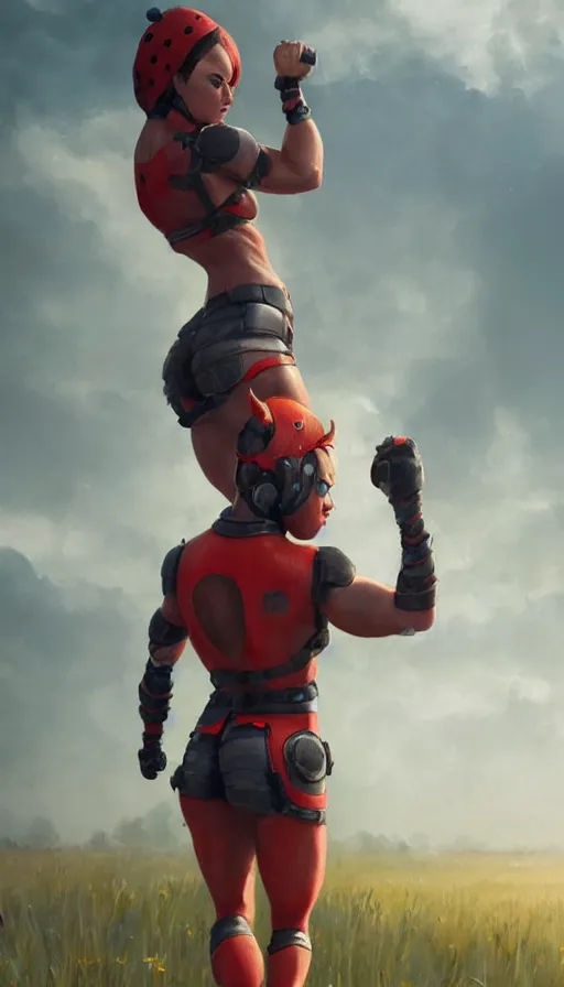 Image similar to muscular humanoid ladybug character, half ladybug half human, cinematic hero shot, sunny field, epic character portrait, character art by Greg Rutkowski