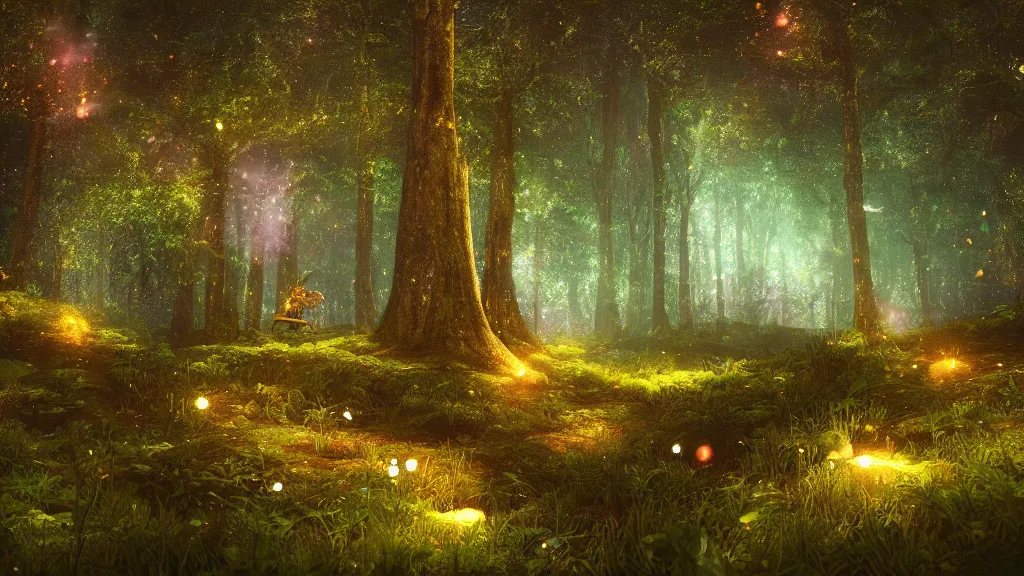 Image similar to beautiful lush ethereal magic mana ireland forest, night sky with dazzling stars, fairies, fireflies, bokeh, octane render, unreal engine, raytracing, crystallized, intricate, hyper detailed, light rays