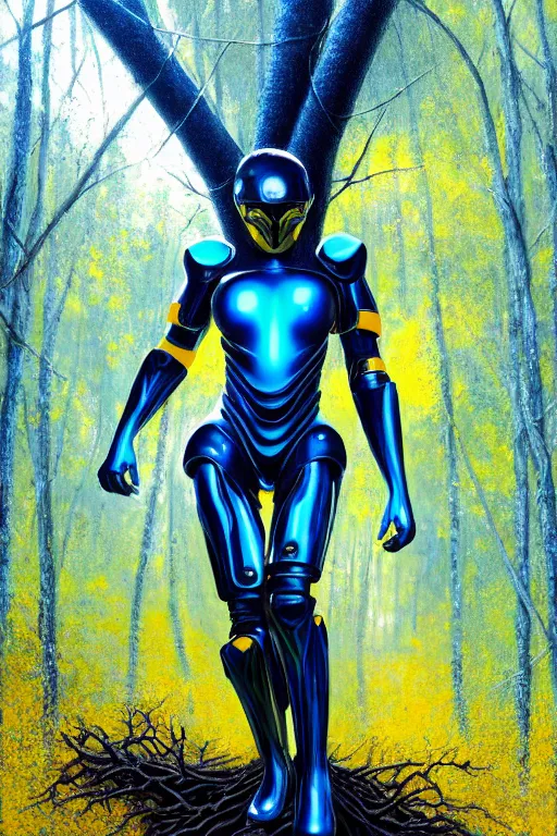 Image similar to hyperrealistic post - symbolism cinematic super expressive! black woman with exoskeleton armor, merging with tree in a forest, highly detailed digital art masterpiece, smooth cam de leon eric zener dramatic pearlescent soft blue yellow light, ground angle hd 8 k, sharp focus