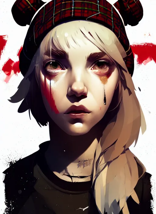 Image similar to highly detailed closeup portrait of a sewer punk swedish female mage student, tartan garment, blonde hair with headband by atey ghailan, by greg rutkowski, by greg tocchini, by james gilleard, by joe fenton, by kaethe butcher, gradient red, black, brown and white color scheme, grunge aesthetic!!! white graffiti tag wall background