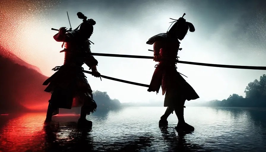 Prompt: Digital Art of A Samurai! Ninja! in Action Pose, standing in a glowing lake while it rains, Concept Art, highly detailed, Artstation, 8k, Raytracing, Unreal Engine 5