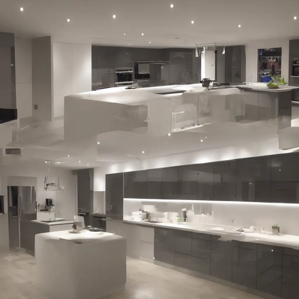 Image similar to modern kitchen with led strip lighting, homes and gardens, super detailed render, award winning,