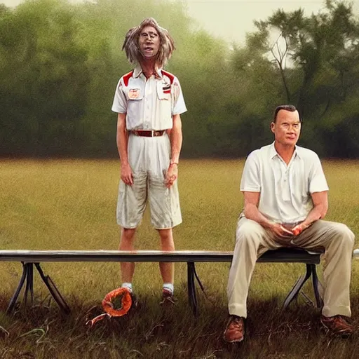 Image similar to tom hanks as forrest gump with giant shrimp heads instead of hands, photorealistic, cgsociety, artstation