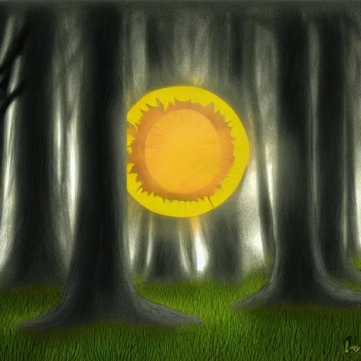 Image similar to upside down sun with trees coming out of it and enveloping it entirely, digital drawing