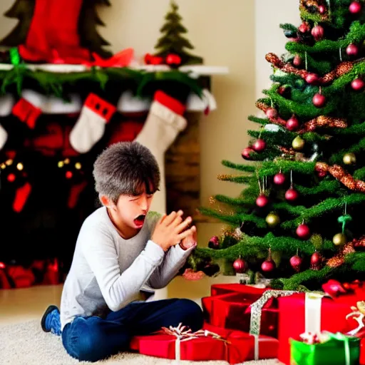 Image similar to a kid at christmas disappointed and crying looking a giant moai statue, his hands buried in his face, sitting down | inside of a house next to a christmas tree, large opened present box next to the moai