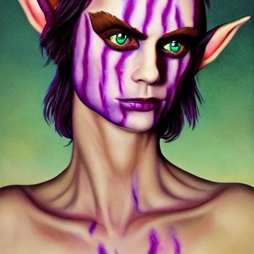 Prompt: a frightening, beautiful elf with violet skin, a scarred face, a bob haircut, and bushy eyebrows, smirking, in the style of jason edmiston