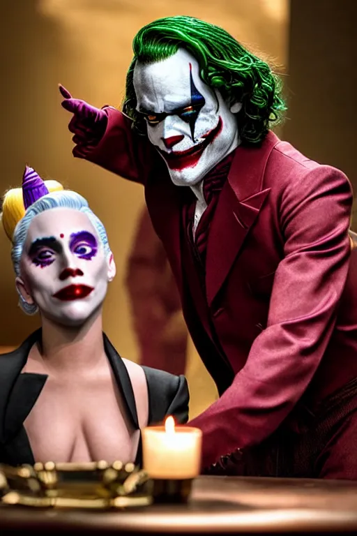 Prompt: joaquin phoenix joker with harley queen lady gaga, photorealistic, ultrarealistic, smooth, 4 k, aesthetic lighting, baroque object, sharp focus, hyperdetailed, professional photography, pullitzer winning, 8 0 0 photo by : canon eos 5 d mark iv, by karah mew and adnan abidi and jodie bateman and ansel adams