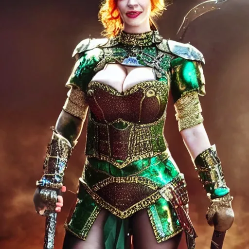 Image similar to full body photo of christina hendricks as a warrior with emerald encrusted armour