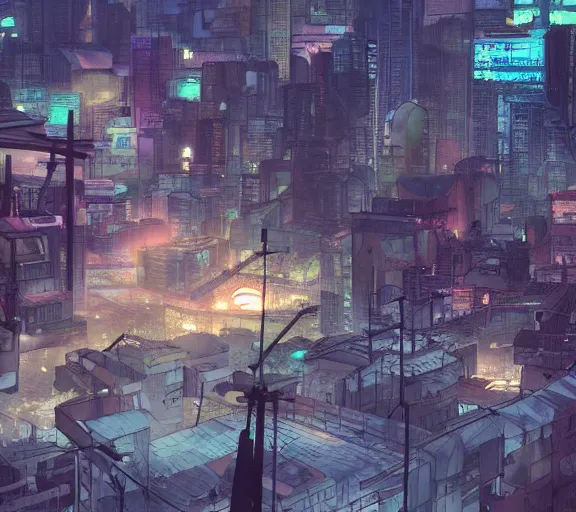 Prompt: futuristic slum city, tekkonkinkreet, ghost in the shell, akira, favela, moebius, volumetric lighting,