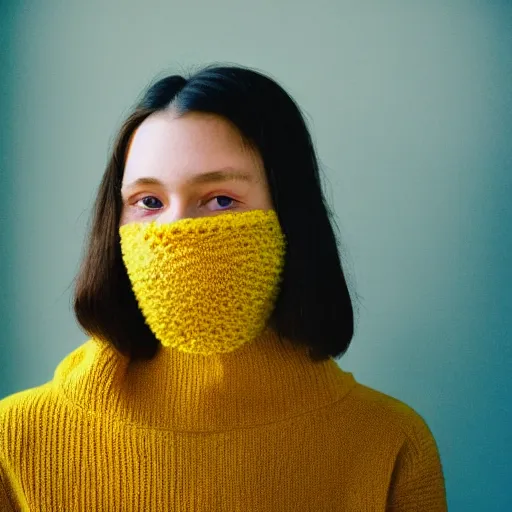 Prompt: a portrait photography of a woman wearing a yellow knitted turtleneck sweater that covers half her face. long hair. agfa vista 4 0 0 film. detailed. depth of field. cinematic. lens flare. grainy film. warm light.