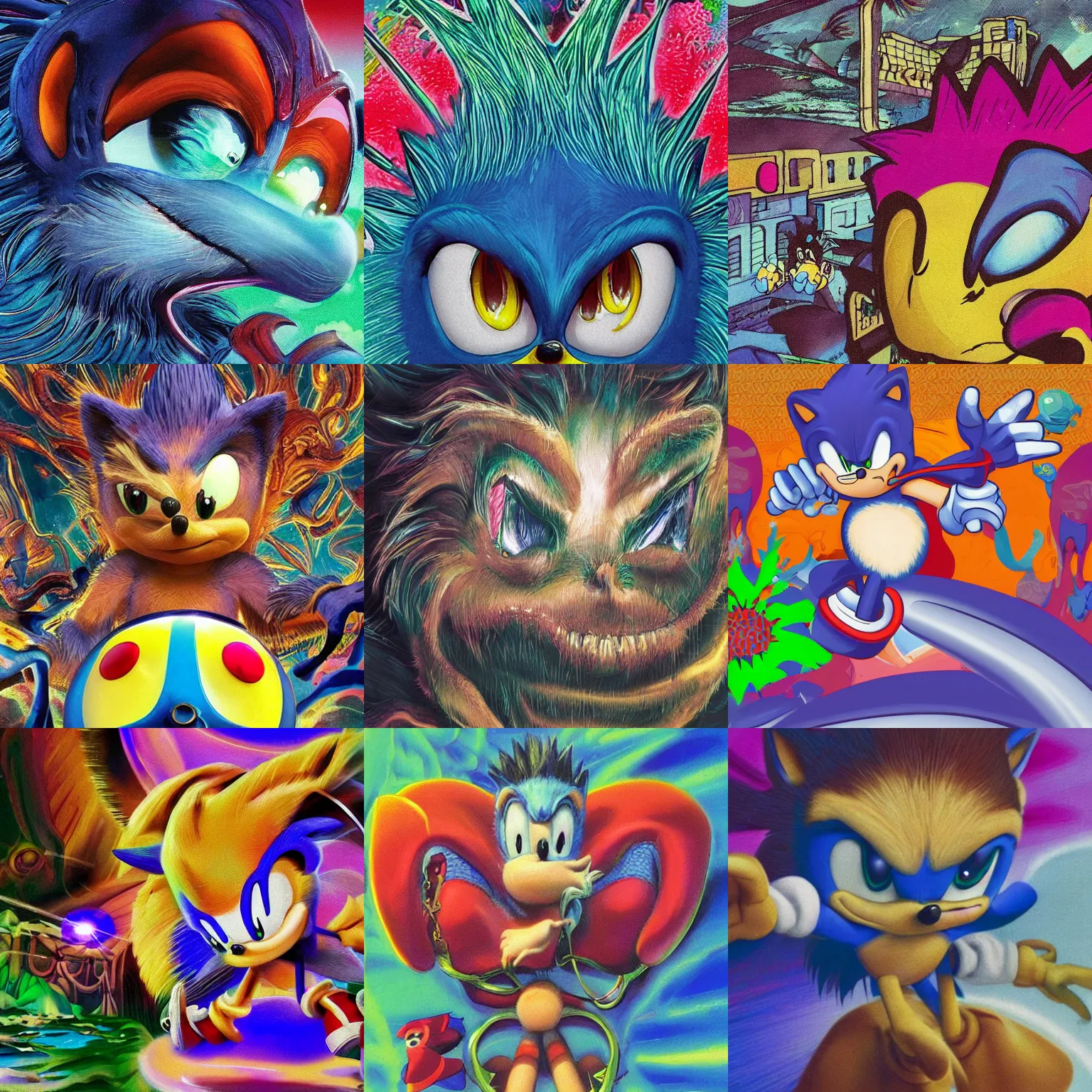 Prompt: close up sonic the hedgehog in a surreal, soft, dripping, glossy, professional, high quality airbrush art mgmt shpongle album cover of a chrome dissolving LSD DMT blue sonic the hedgehog surfing through vaporwave caves, checkerboard horizon , 1980s 1982 Sega Genesis video game album cover