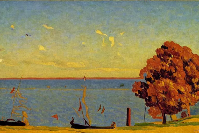 Prompt: A sprawling landscape painting of the Chesapeake bay in the fall, bathed in golden light, peaceful, sailboats, birds in the distance, golden ratio, fauvisme, art du XIXe siècle, oil on canvas by André Derain, Albert Marquet, Auguste Herbin, Louis Valtat, Musée d'Orsay catalogue