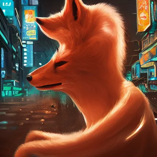 Prompt: furry anthropomorphic female vulpes vulpes fulva with white fur eating noodles by a noodle kiosk in the crowded street of a city, cyberpunk, rain, harsh neon lights, highly detailed, digital painting, trending on artstation, concept art, sharp focus, illustration, art by artgerm and greg rutkowski and magali villeneuve