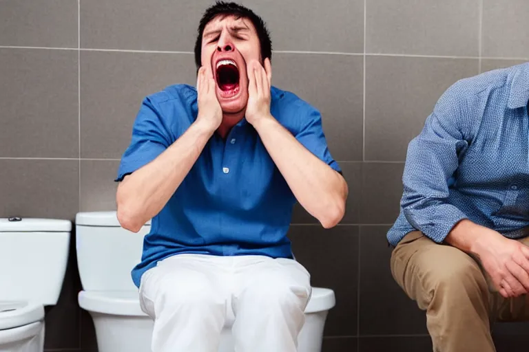 Prompt: man screaming while sitting in the toilet