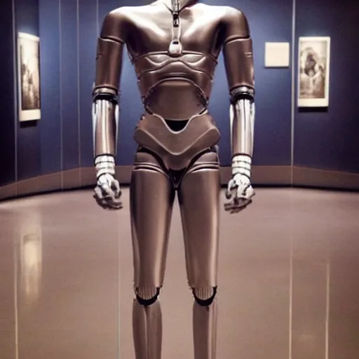 Image similar to “a realistic detailed photo of a guy who is an attractive humanoid who is half robot and half humanoid, who is a male android, actor Grant Gustin, shiny skin, posing like a statue, blank stare, at the museum, on display”