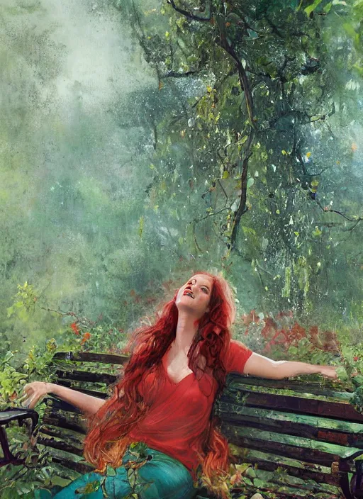 Prompt: full body portrait of a beautiful woman with fire red wavy hair, loosely clothed in vines, sitting on a bench, leaning backwards, arms reaching out to her sides, with a mischievous smile, dense foliage in the background by Jeremy Mann, vivid colors, green hue, stylized, detailed, loose brush strokes