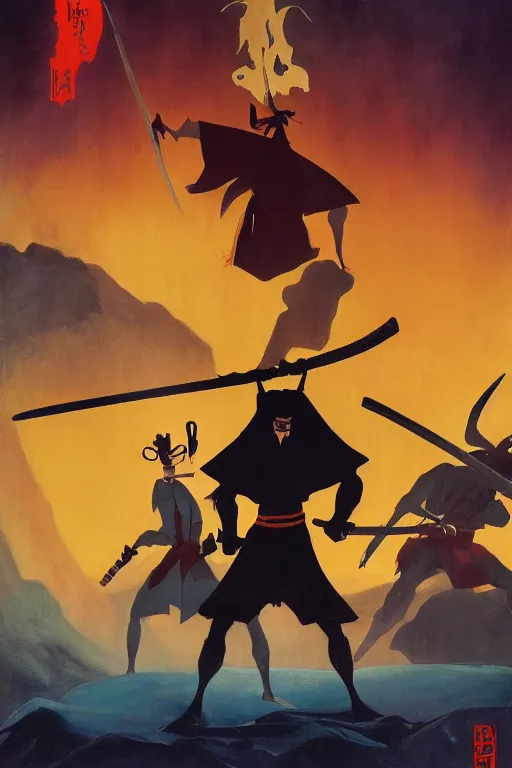 Prompt: Movie poster of Samurai Jack , Highly Detailed, Dramatic, A master piece of storytelling, by frank frazetta, ilya repin, 8k, hd, high resolution print