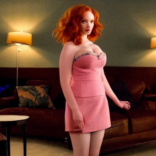 Image similar to a very surprised looking beautiful Christina Hendricks in a miniskirt in the living room, film still from the movie directed by Denis Villeneuve , wide lens