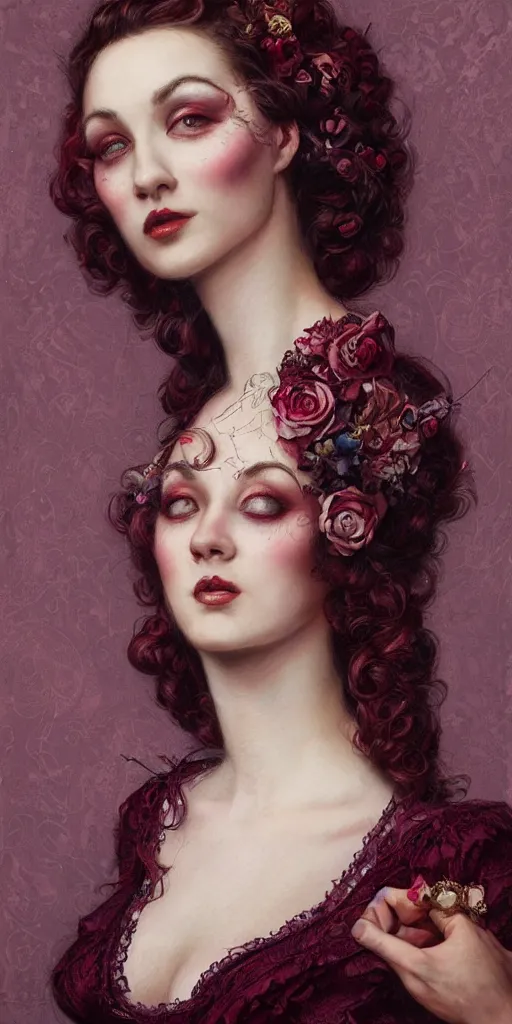 Image similar to a beautiful hyperrealistic portrait pose of a stunning Victorian burlesque model in a maroon-and-lilac collared dress looking happy, intricate, elegant, highly detailed, smooth, sharp focus, award-winning, masterpiece, in the style of Tom Bagshaw, Cedric Peyravernay, Peter Mohrbacher