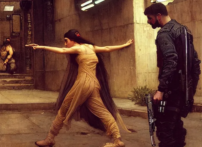 Prompt: Maria evades pvt griggs. Cyberpunk hacker escaping Cyberpunk cop. (police state, Cyberpunk 2077, blade runner 2049). Cyberpunk Iranian orientalist portrait by john william waterhouse and Edwin Longsden Long and Theodore Ralli and Nasreddine Dinet, oil on canvas. Cinematic, Realistic Proportions.