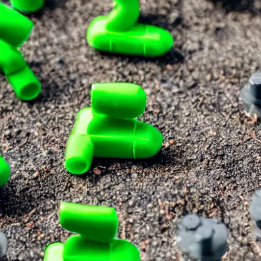 Prompt: 5 green plastic toy soldiers in set on fire with fuel . close up. DOF 100mm. F/1.8 45 45 degrees angle