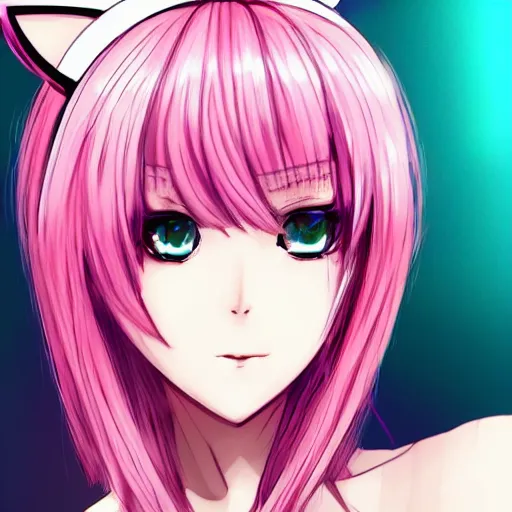 Prompt: A full headshot portrait of a woman with cat ears and pink hair, By shirow masamune, WLOP, Avetetsuya Studios, colored sketch anime manga panel, trending on artstation, pixiv art, smooth, artgem, elegant, highly detailed, pixiv trending, anime inspired, by studio trigger, attractive character