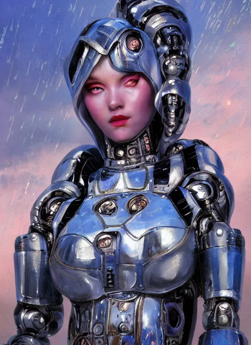 Prompt: a biblical diabolical beautiful female cyber robot girl, rainy, shiny hi tech armor, dynamic pose, splashing, heavy eyes to the side, glowing veins, in clouds, rain and lightning storm, sunset, portrait, by gerald brom, by mikhail vrubel, by peter elson, muted colors, extreme detail, reflections, trending on artstation, 8 k