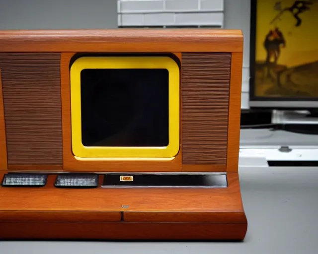 Image similar to video game console from the 1970s, wood panelling