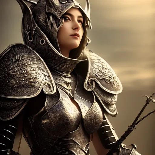 Image similar to highly detailed realistic stunning shot of a beautiful female anthropomorphic dragon knight, resting a detailed and engraved longsword over her armored shoulder, cloak flittering in the wind, high quality, HD octane render, epic cinematography, Artstation, Deviantart, Furaffinity