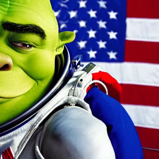 Image similar to astronaut photo of shrek in space suit holding helmet, American flag in background, photorealistic, portrait