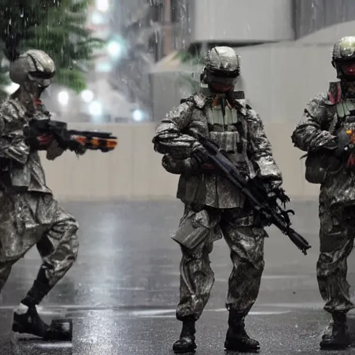 Prompt: futuristic japanese soldiers in tactical armor like robocop raid a neo tokoyo apartment building in the rain