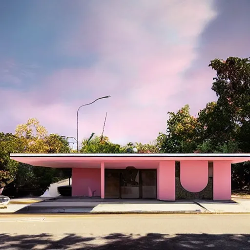 Image similar to modernist house inspired by a taco bell between big trees, light pink clouds, dramatic lighting, artstation, matte painting, raphael lacoste, simon stalenhag, frank lloyd wright, zaha hadid