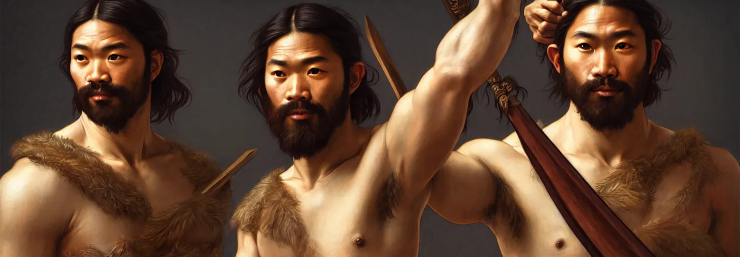 Prompt: renaissance upper body portrait of a gruff ranger with a spear, Asian, lean and toned, handsome face, hairy chest, D&D, intricate, elegant, highly detailed, digital painting, artstation, concept art, matte, sharp focus, illustration, art by da Vinci, Artgerm and Greg Rutkowski and Alphonse Mucha