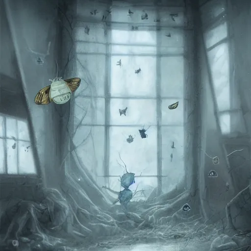 Image similar to this place is stuffy and filled with moths, are you sure this is were we are meant to be? this place is awfully creepy and the windows are fogged up., liminal space, trending on artstation