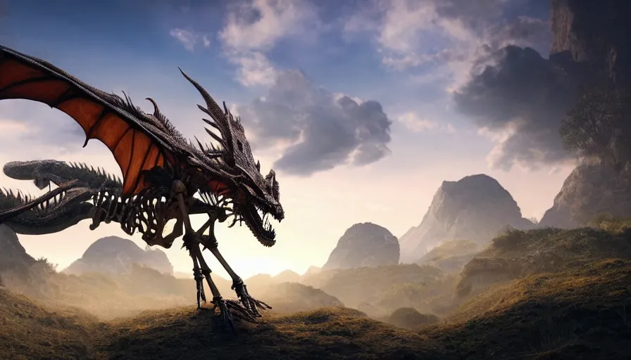 Image similar to hyper realistic highly detailed nature photography of a skeleton dragon, prehistoric planet, volumetric lighting, octane render, 4 k resolution, golden hour