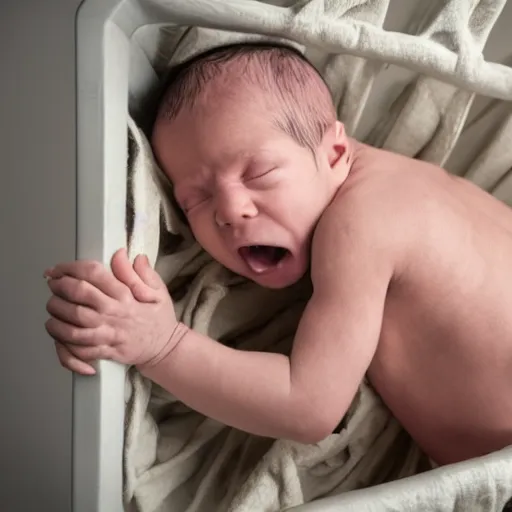Image similar to extremely muscular bodybuilder newborn little baby in a crib, genetically engineered, rippling muscles, huge veins, bulging muscles, ripped, flexing, intense expression, award winning photography, high detail